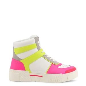 Neon, pink, and green high top sneakers.